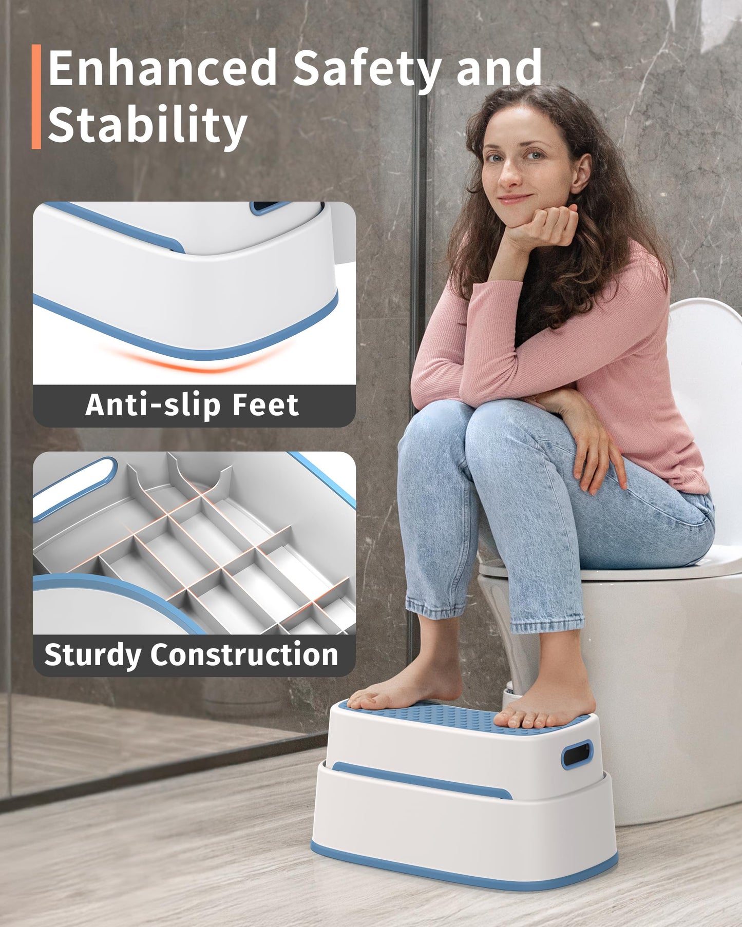MR.SIGA Toilet Stool Squat Adult Bathroom Foot Stool, White & greyish Blue