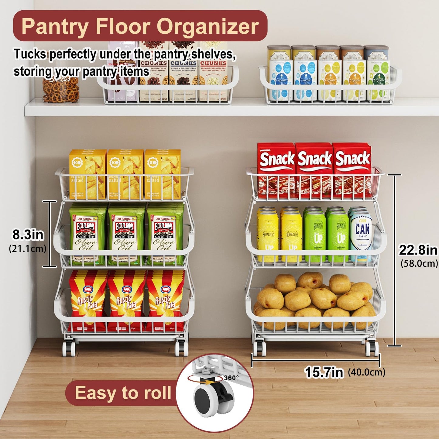 Miyawell 3-Tier Rolling Pantry Cart with Wheels, Stackable Wire Storage Floor Organizer for Kitchen Pantry Snack Shelves, Fruit Basket Stand