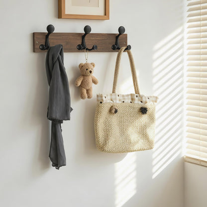 HONSKY Wall Mounted Coat Rack, 43cm Paulownia Wood Backboard, 3 Sturdy Black Aluminium Alloy Triple Hooks 9 Hanging Points
