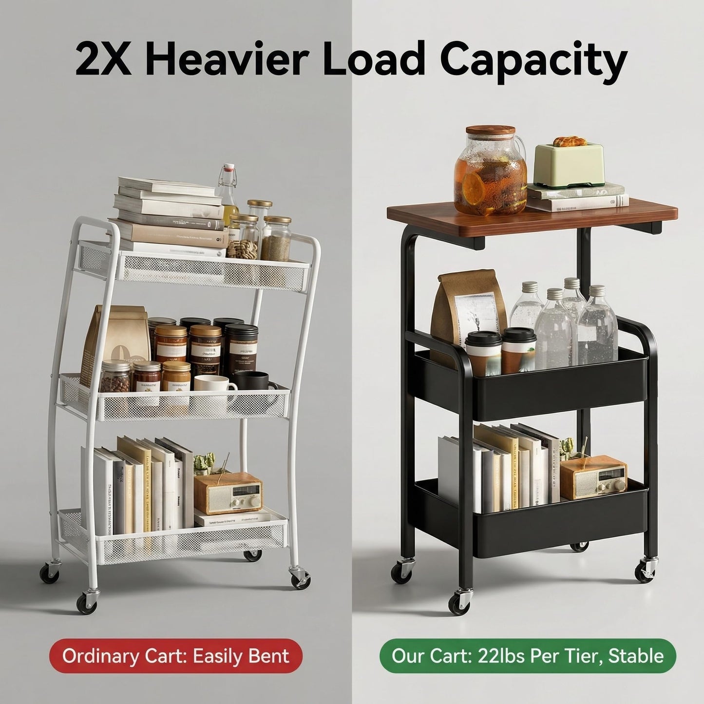 3 Tier Metal Rolling Utility Cart Organizer with Walnut Table Top, Stable and Sturdy Rolling Storage Carts with 2 Lockable Wheels for Kitchen