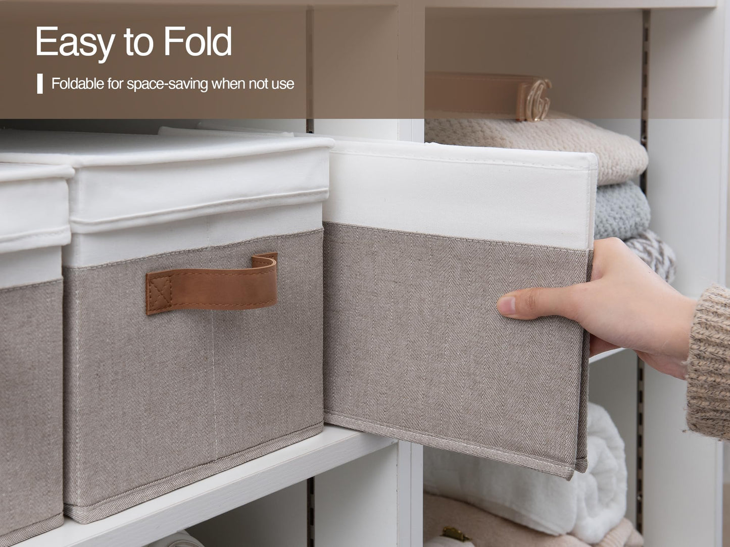 StorageWorks Storage Boxes with Lids, Fabric Storage Boxes with Lids, Stackable Storage Basket for Shelves with PU Handles