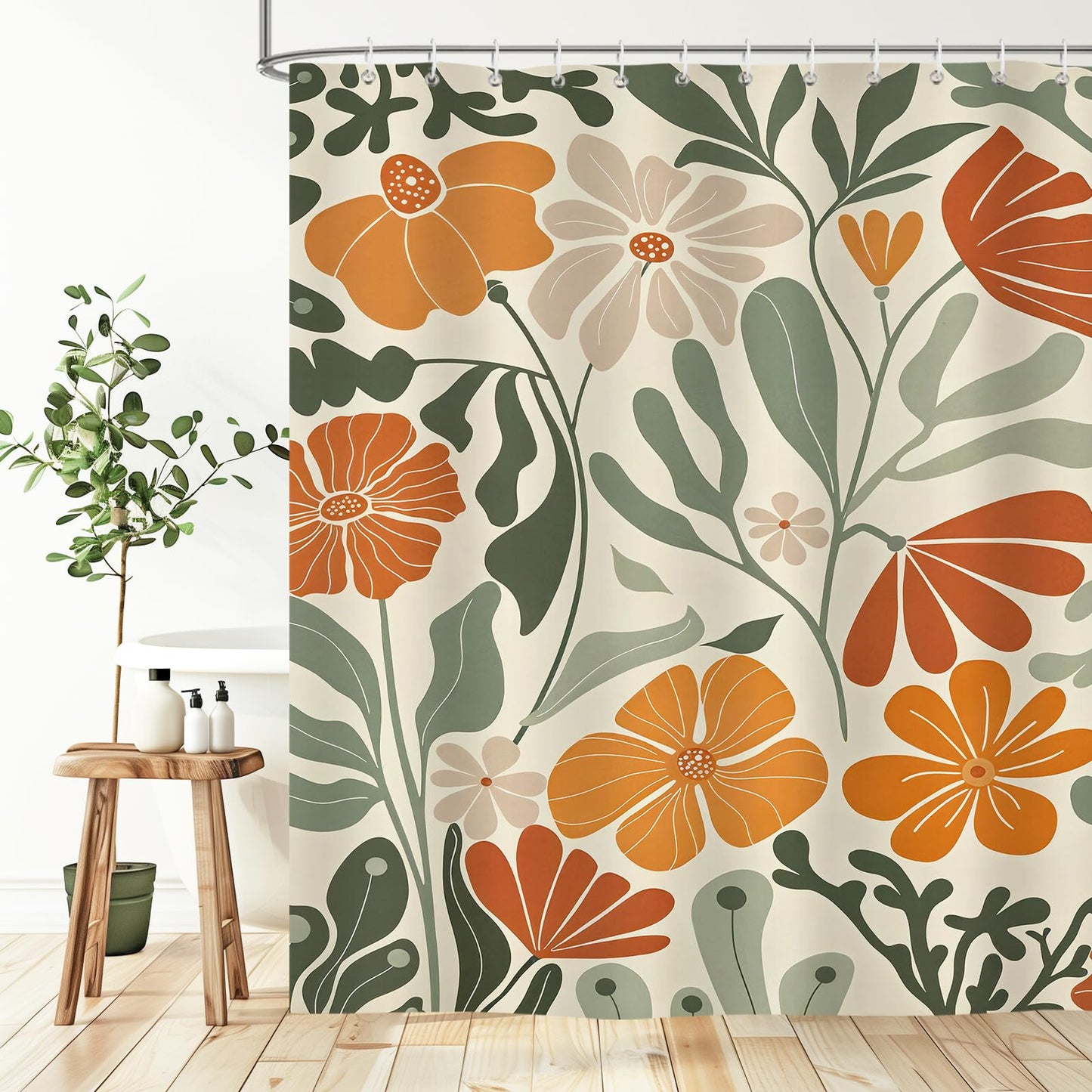 Hopomoon Orange Boho Shower Curtain,Cute Colorful Floral Abstract Plants Spring Bathroom Curtain with 12 Hooks,180 x 180cm