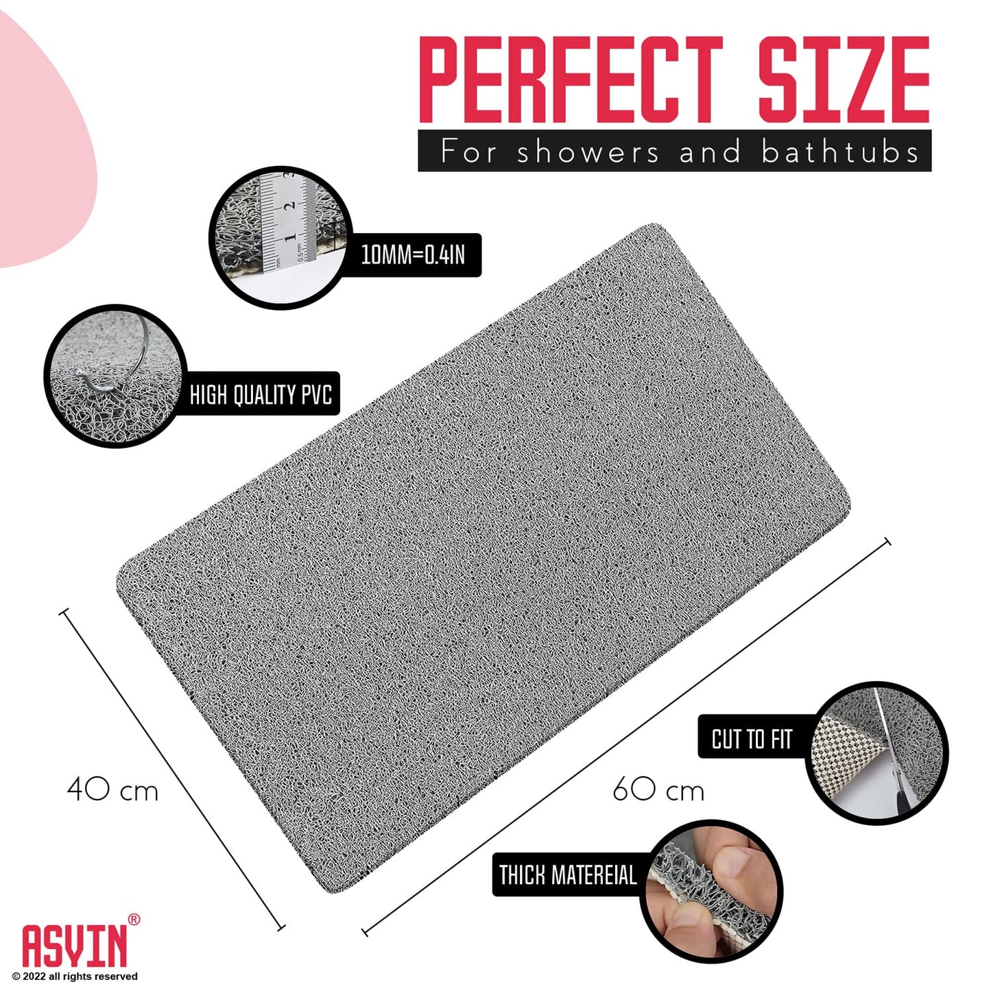 Asvin Non Slip Shower Mat & Bath Mat 40x60cm Grey, Anti Mould Loofah for Wet Floors & Inside Shower. OEKO-TEX 100 Certified, Phthalate Free