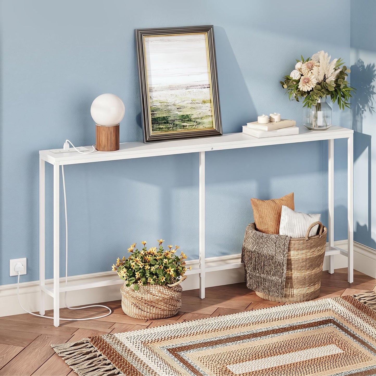MAHANCRIS Console Table with Power Outlet, 160 cm Narrow Sofa Table, Industrial Entryway Table with USB Ports, Behind Couch Table for Entryway