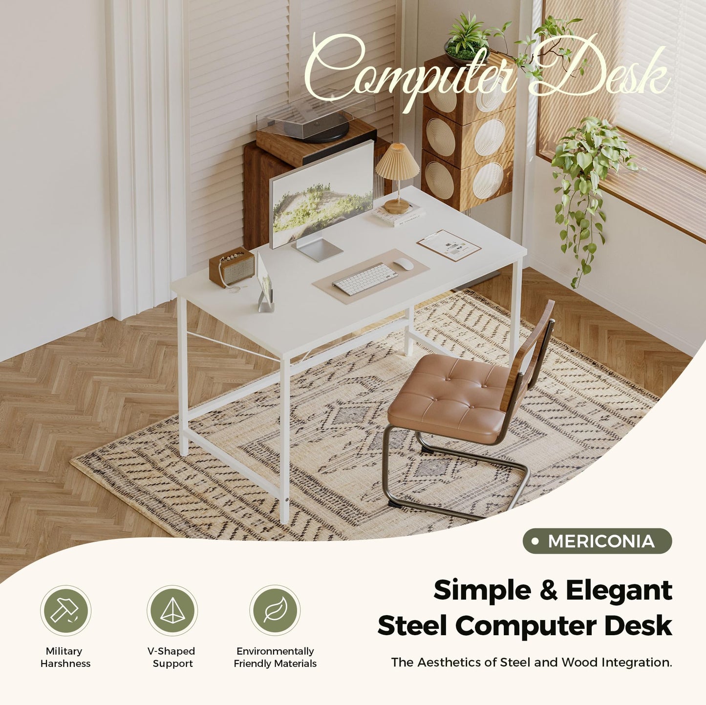Mericonia Basic Computer Desk, One-piece Desktop, 80x50cm, White