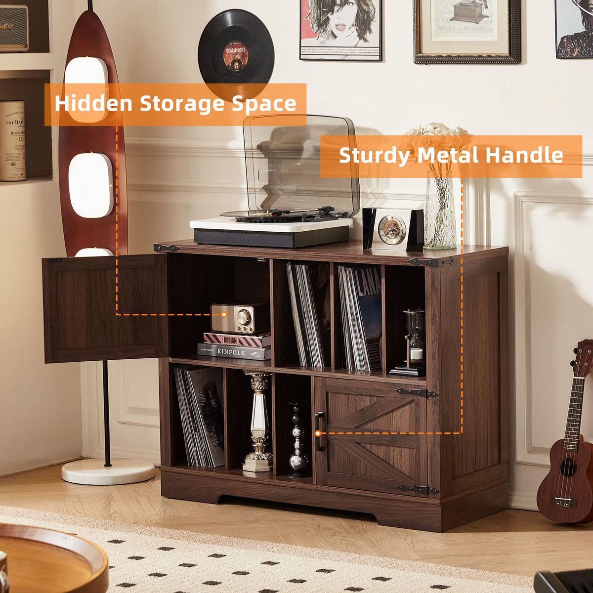 LELELINKY Record Player Stand with Storage, 1m Farmhouse Vinyl Cabinet