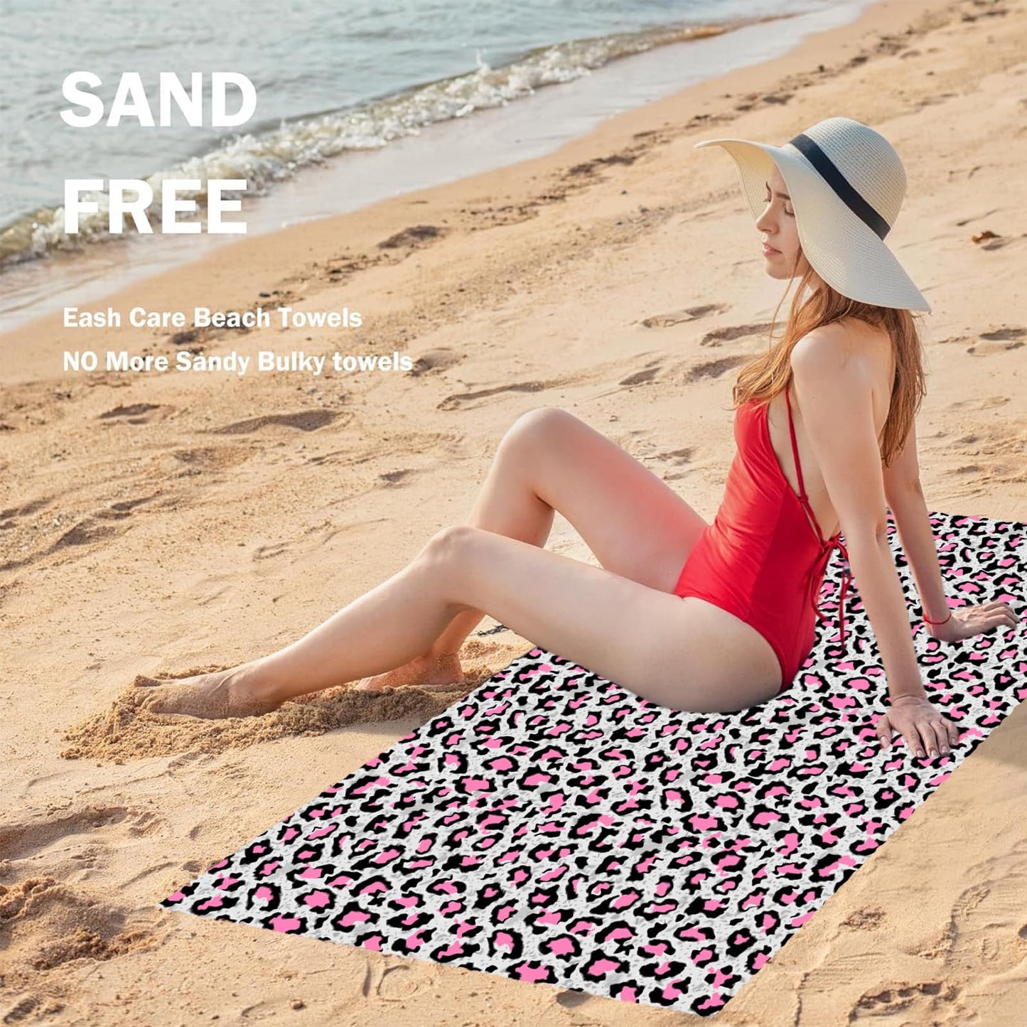 Large Microfibre Beach Towel for Adult,160x90cm Double Side Pink Gray Leopard Printed Sand Free Beach Towel,Lightweight Quick Dry Travel Swim Towel