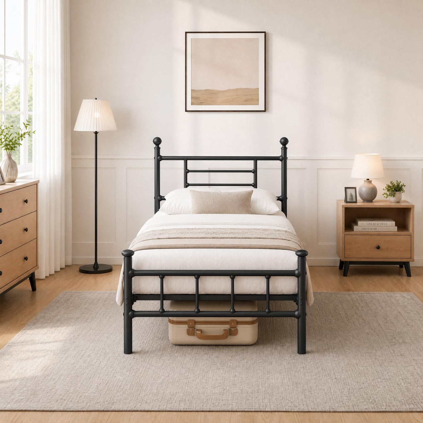 APEXTELLA HOME 3ft Single Bed Frame Black Modern Style with Headboard and Footboard Metal Slat Support and 32cm Underbed Storage Space Noise Free