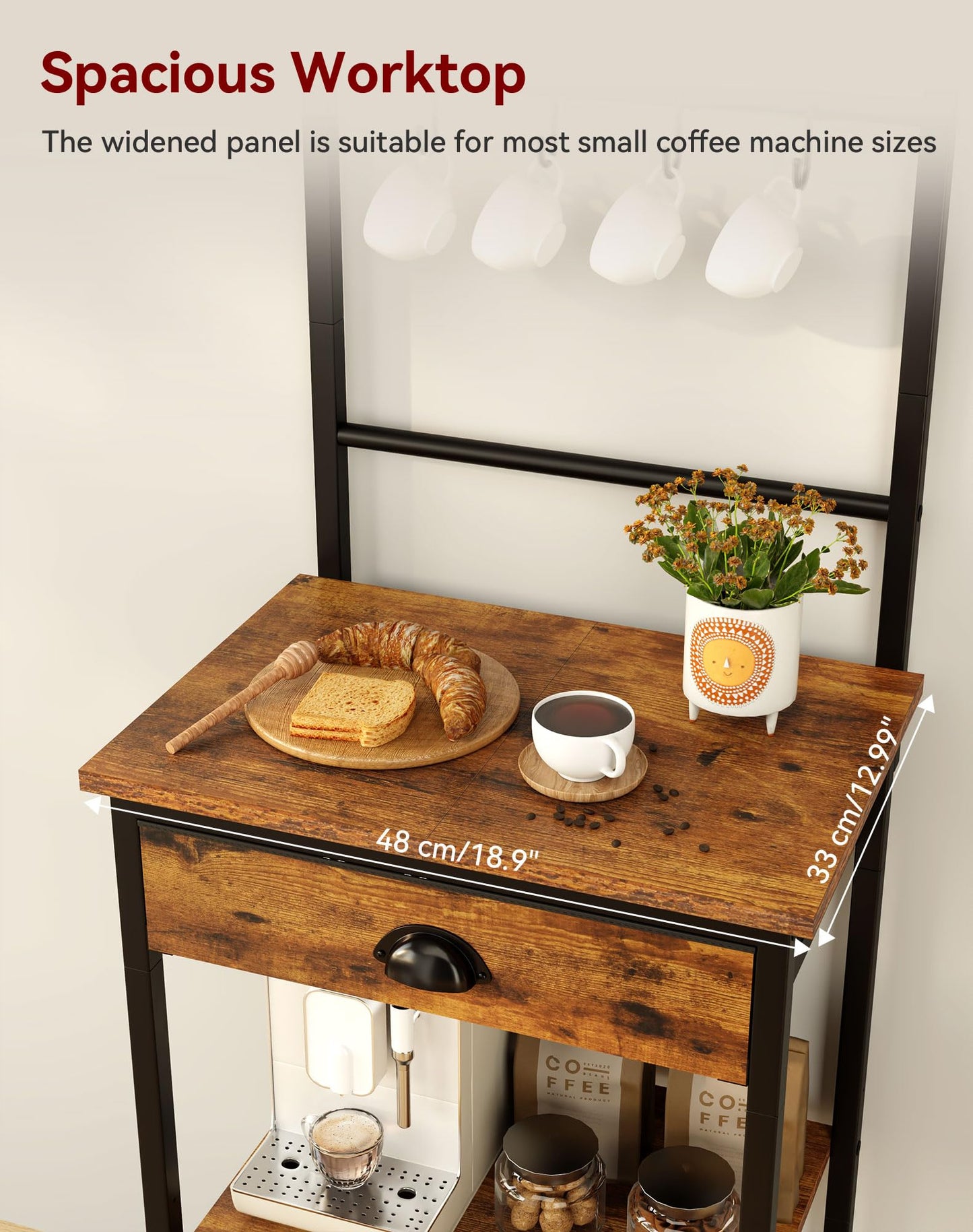 YMYNY 5 Tier Coffee Bar Station, Coffee Stand with Fabric Drawers, 8 S-Shaped Hooks, Corner Bar Cabinet, Height Adjustable, Bakers Rack for Kitchen