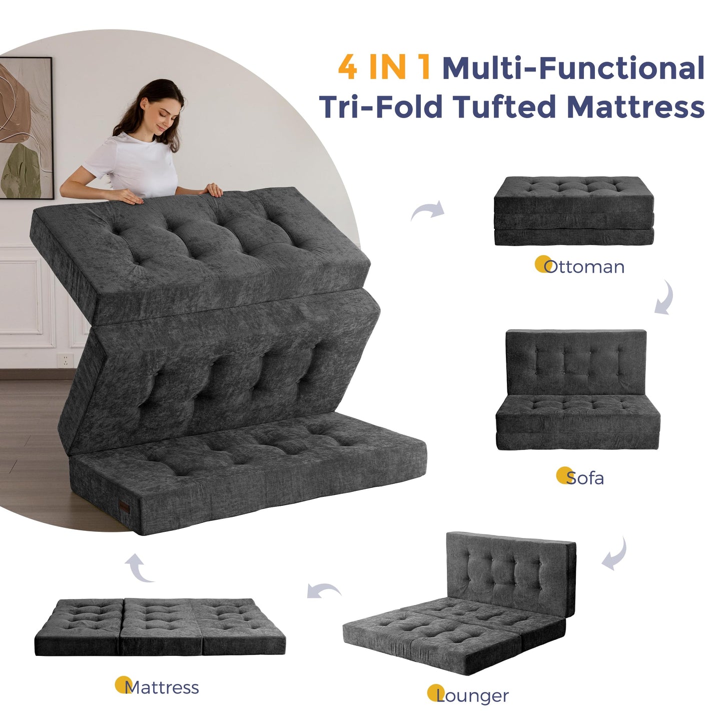 MAXYOYO Folding Mattress Chenille Fabric 15cm, Sofa Bed for Guest