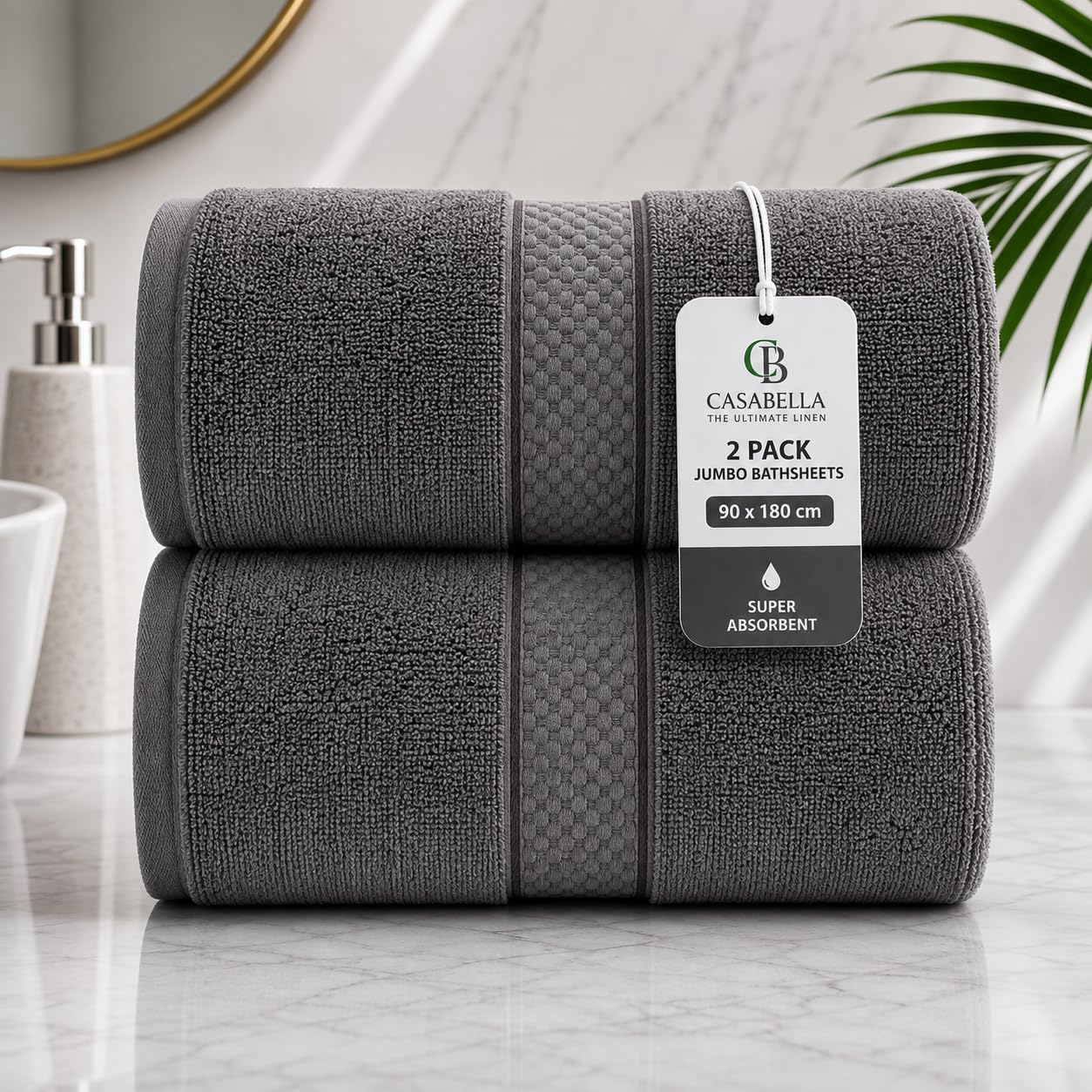 Casabella CB 2 Piece Jumbo Bath sheets 100% Combed Cotton Extra Large Bath Towel bale set super Absorbent Soft Grey 2 Pack 90X180 CM Bath sheets