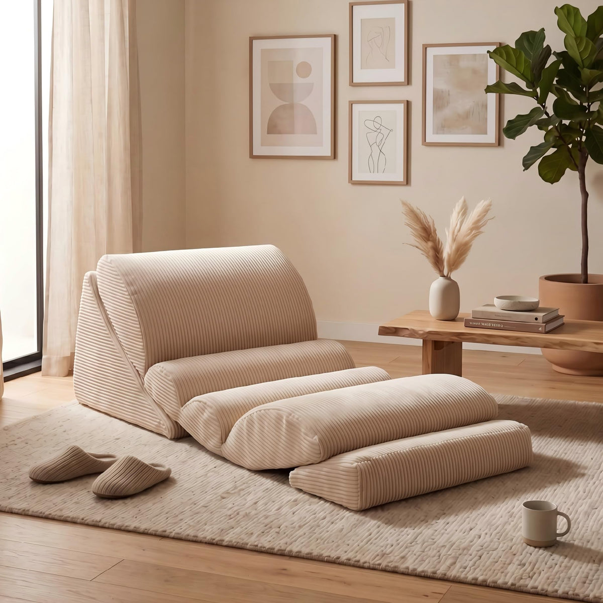 DAWNYIELD 3-in-1 Floor Sofa, High‑Density Foam Bean Bag Chair, Off-white