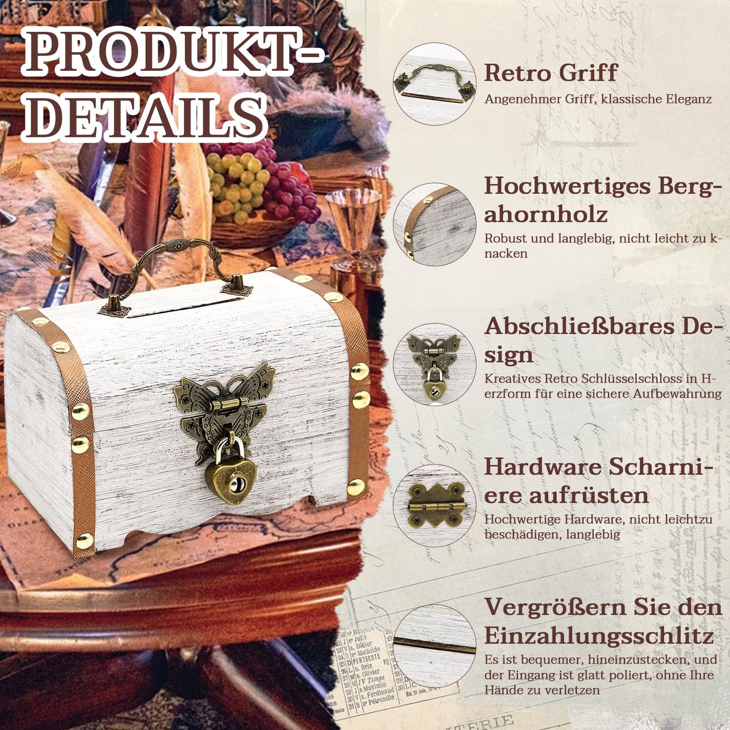 Forbabe Treasure Chest Wooden White Small Money Box with Lock 14.5 x 10.5 x 10.3 cm