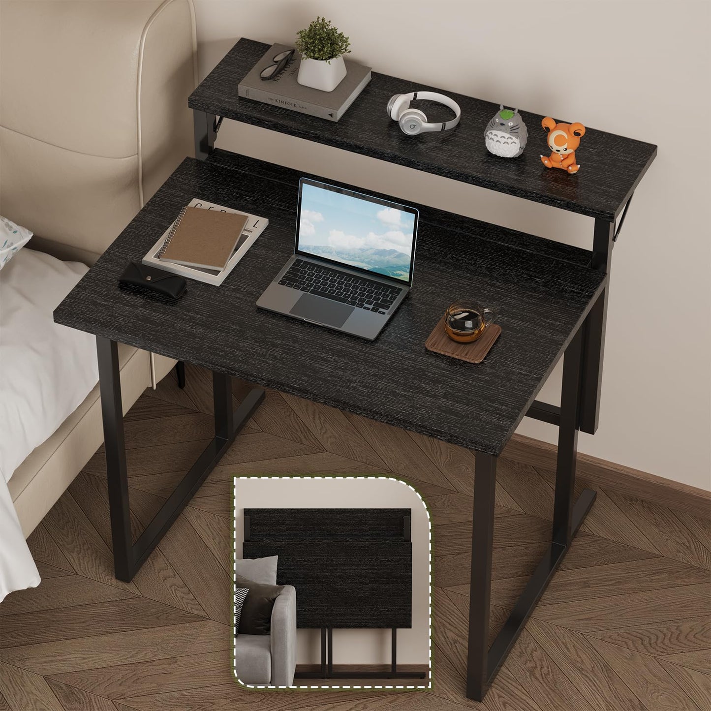 JUMMICO Foldable Desk,Small Desk with Monitor Shelf,2-Tier Folding Table for Home, Office, School, Computer Desk for Small Space,Black