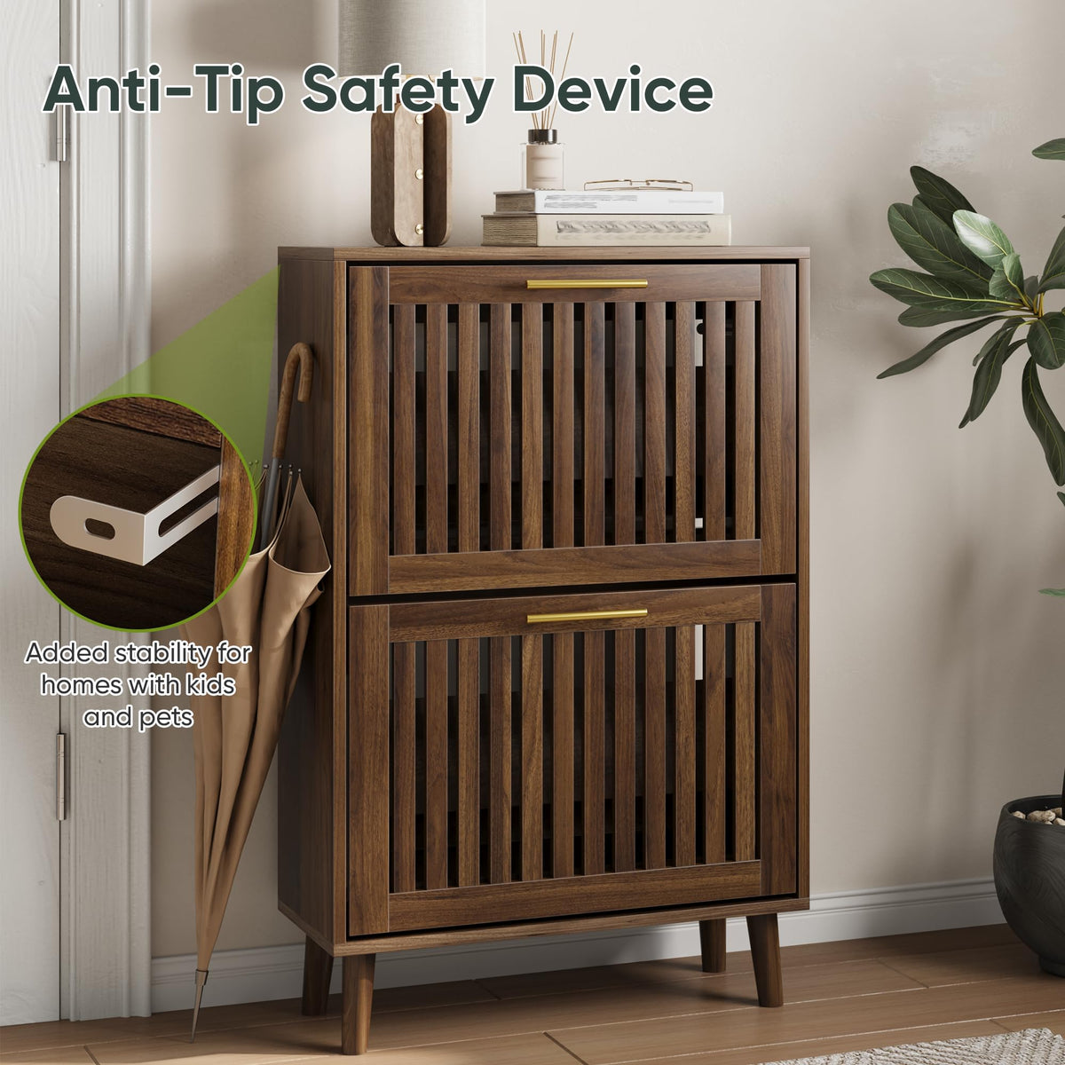 Smart FENDEE Shoe Cabinet with 2 Flip Slatted Drawers, Farmhouse Slim Shoe Organizer Rack with Golden Handles