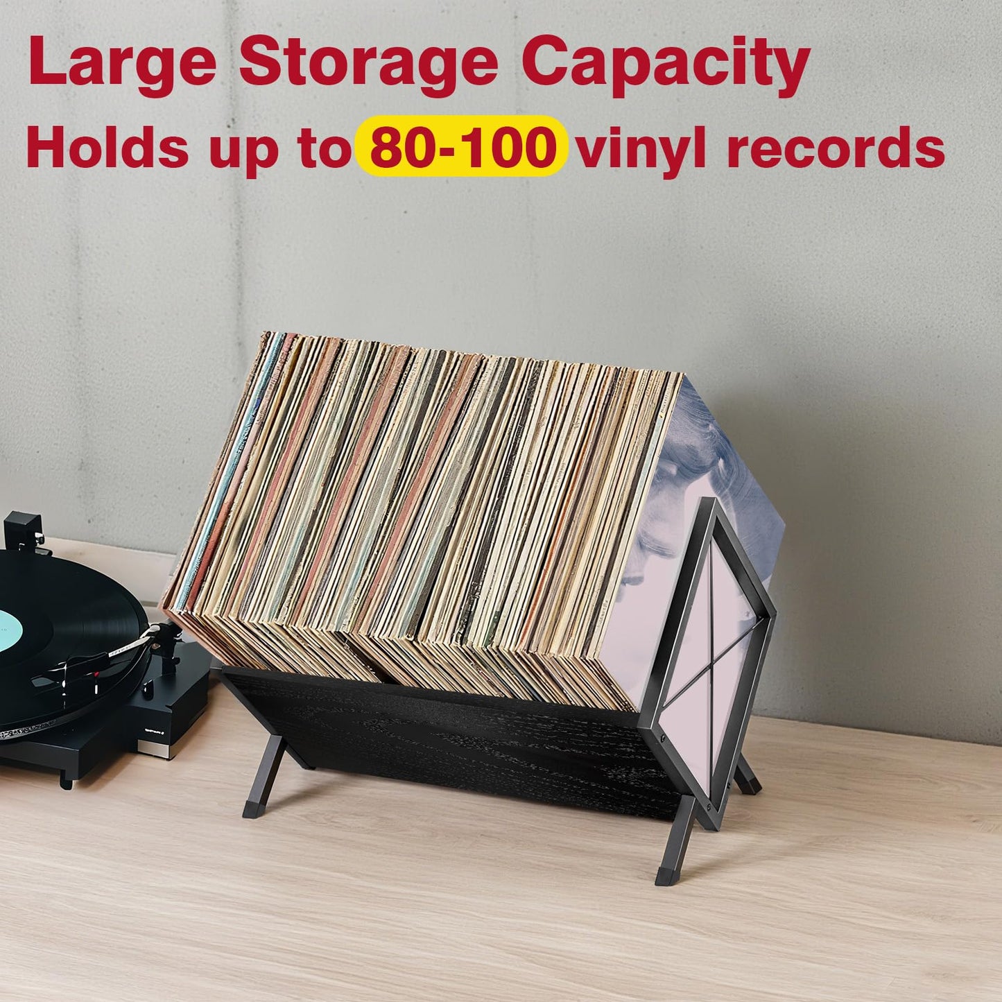 GHWMYD Vinyl Record Stand for 80-100 LPs, Metal Record Storage with Non-Slip Separator Clamp, Record Shelf Easy to Assemble, Black