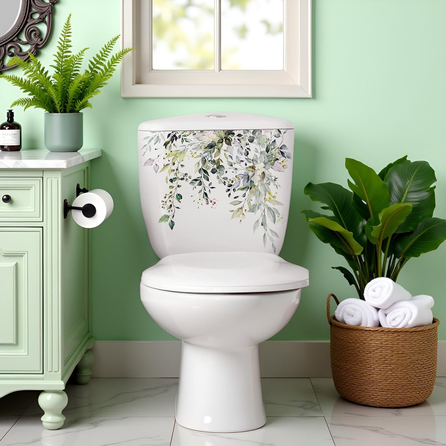 Green Plant Leaves Flowers Toilet Seat Lid Stickers Self-Adhesive Bathroom Stickers Green Leaf Floral Decals DIY Removable Waterproof Toilet Sticker