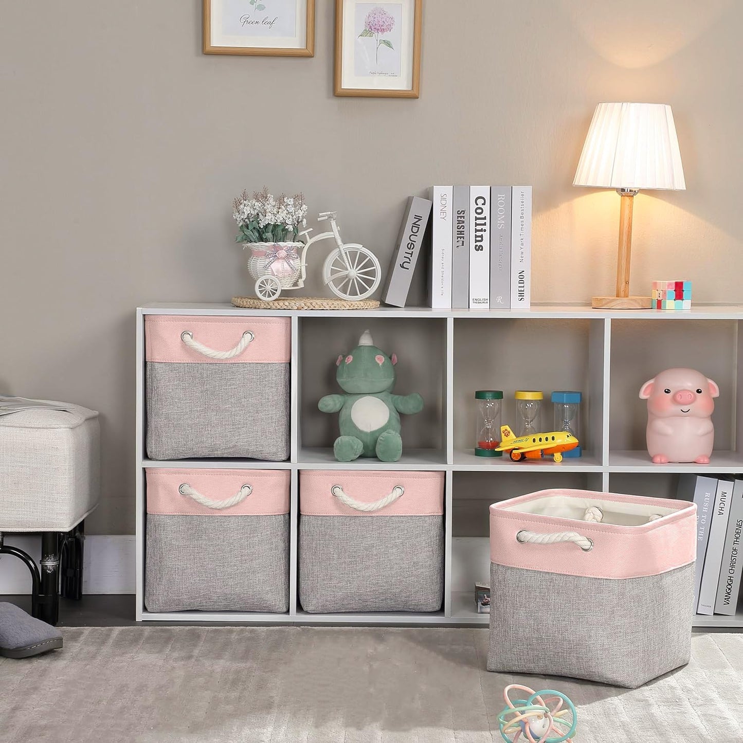 Mangata Fabric Storage Boxes, 33x33x33cm Cube Storage Unit Boxes Storage Baskets for Organizing Clothes Shelf Nursery Home Closet(Grey/Pink, Set of 4)