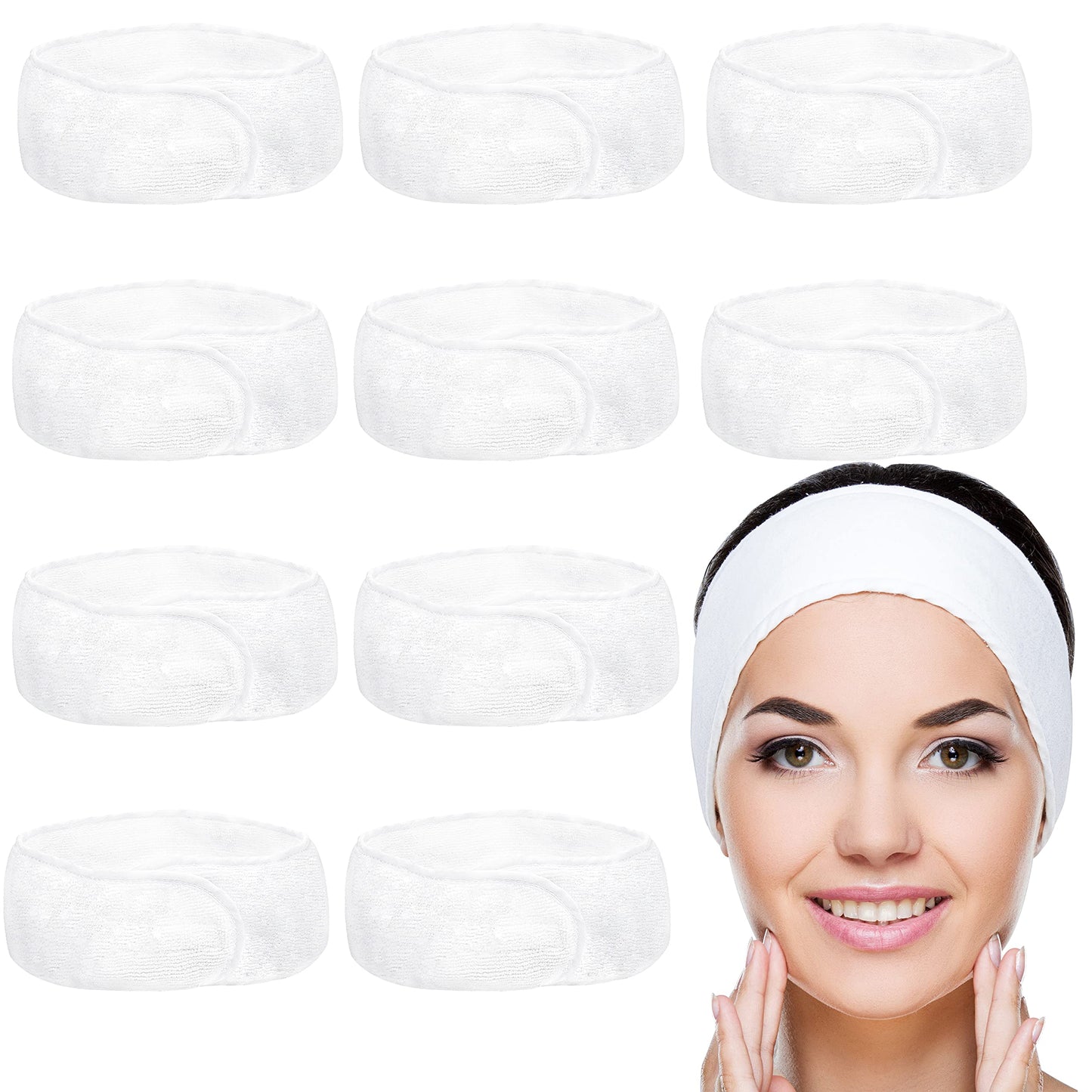 Belle Vous 10 Pack White Spa Facial Headbands - Makeup Wrap Headband - Adjustable Face and Shower Terry Cloth - Towel to Protect Hair and Head for