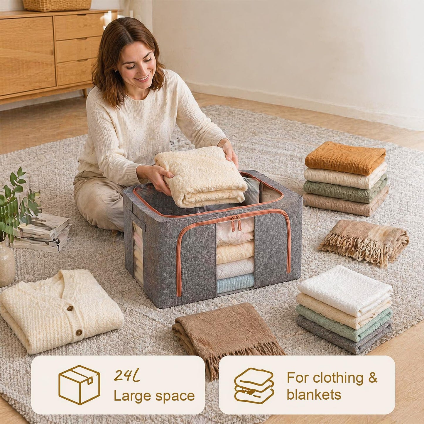 2 Pack Smart Space Storage Boxes,24L Clothes Organiser with Double Opening Zip and Clear Window Sided Zip Top Lid,Foldable Oxford Cloth Box with