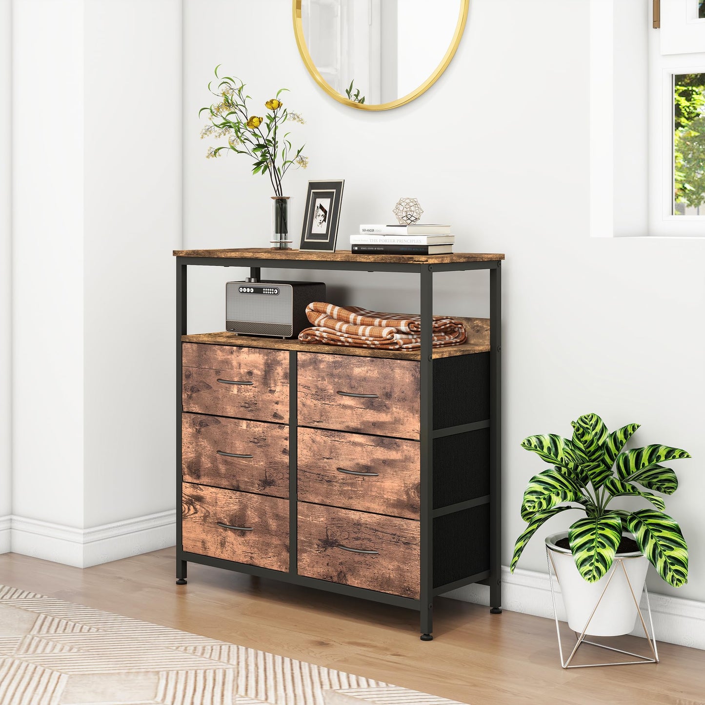 HOMERECOMMEND Chest of Drawers,6-Drawer Storage Organizer Unit for Bedroom Living Room Closet, Sturdy Steel Frame, Easy Pull Fabric Bins & Wooden Top,