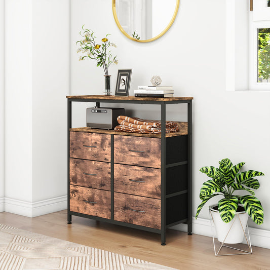 HOMERECOMMEND Chest of Drawers,6-Drawer Storage Organizer Unit for Bedroom Living Room Closet, Sturdy Steel Frame, Easy Pull Fabric Bins & Wooden Top,