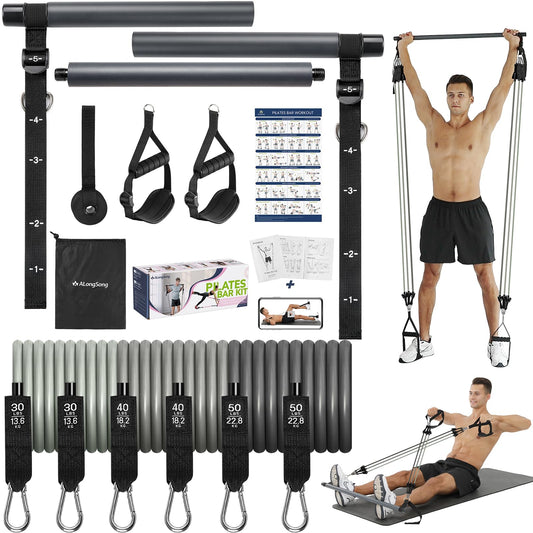 ALongSong Pilates Bar Set With 6 Latex Elastic Resistance Bands 30/40/50lbs 3 Section Pilates Bar Portable Home Workout Fitness For Yoga, Stretching,