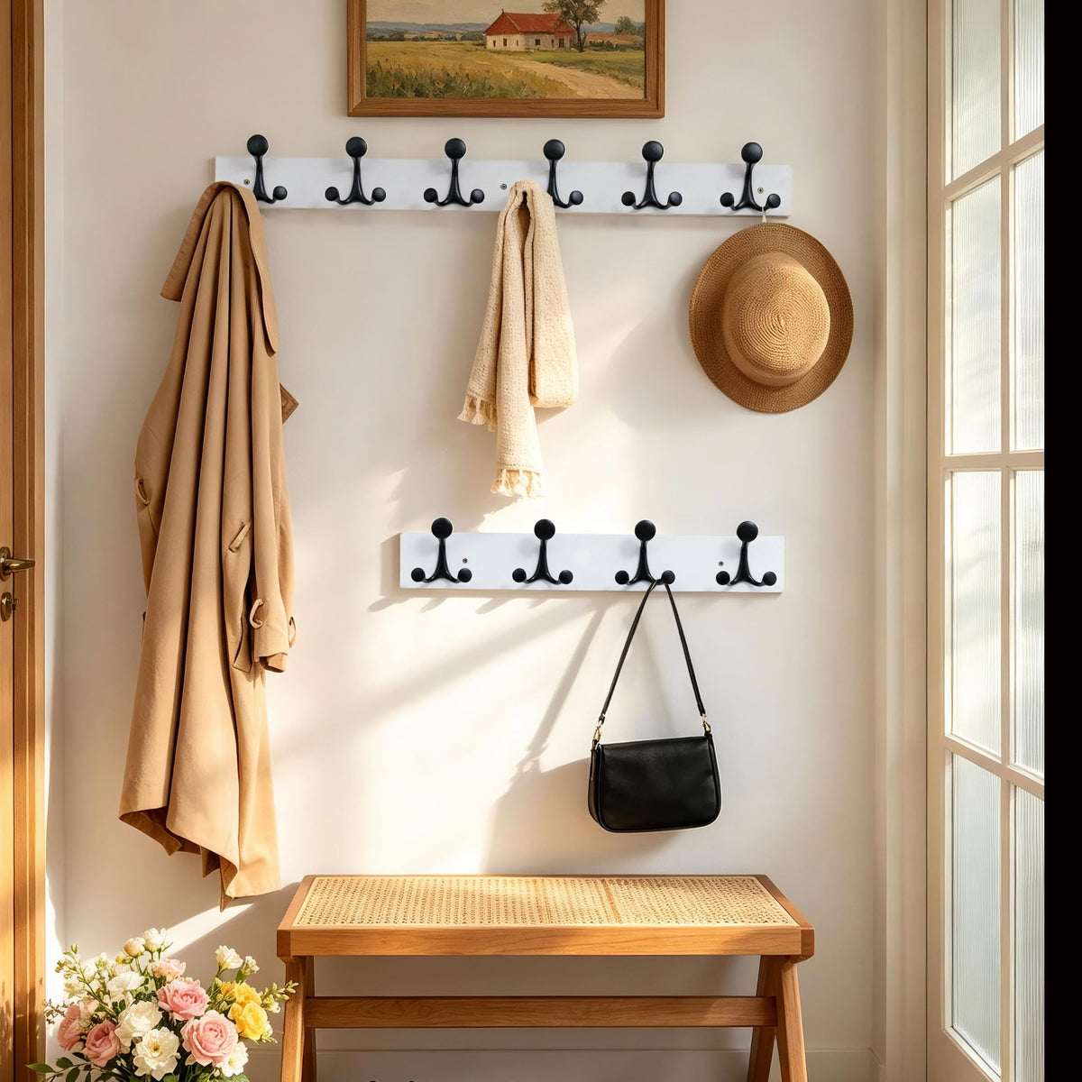 HONSKY Wall Mounted Coat Rack, 91cm White Pine Wood Base, 6 Black Sturdy Aluminium Alloy Triple Hooks18 Hanging Points