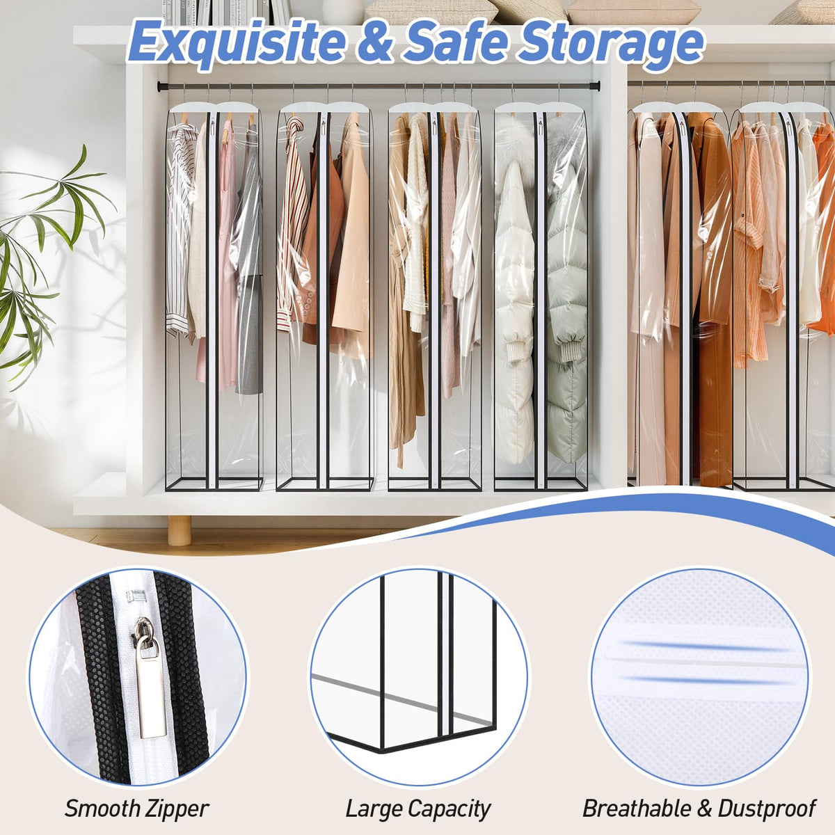 Alyvisun 3PCS Clear Garment Bags with Side-zips, Hanging Dress Bag Large Capacity 110cm/43in, Waterproof Clothes Covers Protector for Closet Storage