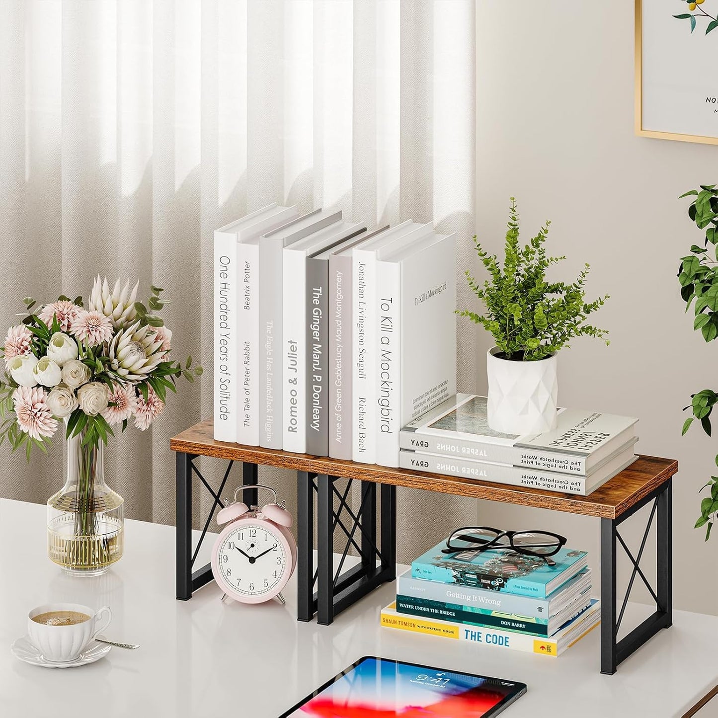 DoToGo Desk Shelf Organizer, Freestanding Small Desktop Bookshelf, 2 Tier Independent Stackable Desk Display Rack, Desk Organizer Shelf for Office