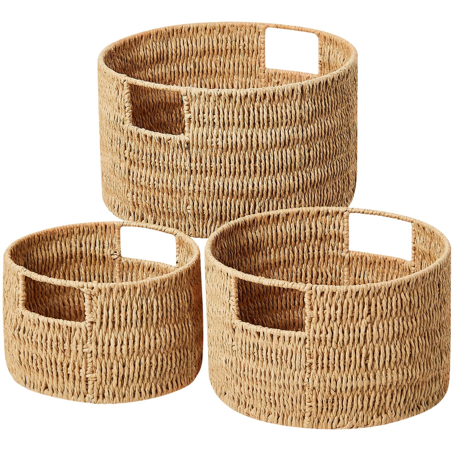 Vagusicc Woven Storage Baskets Set of 3, HandWoven Round Wicker Storage Basket with Handles, Natural Wicker Shelf Baskets Organizer