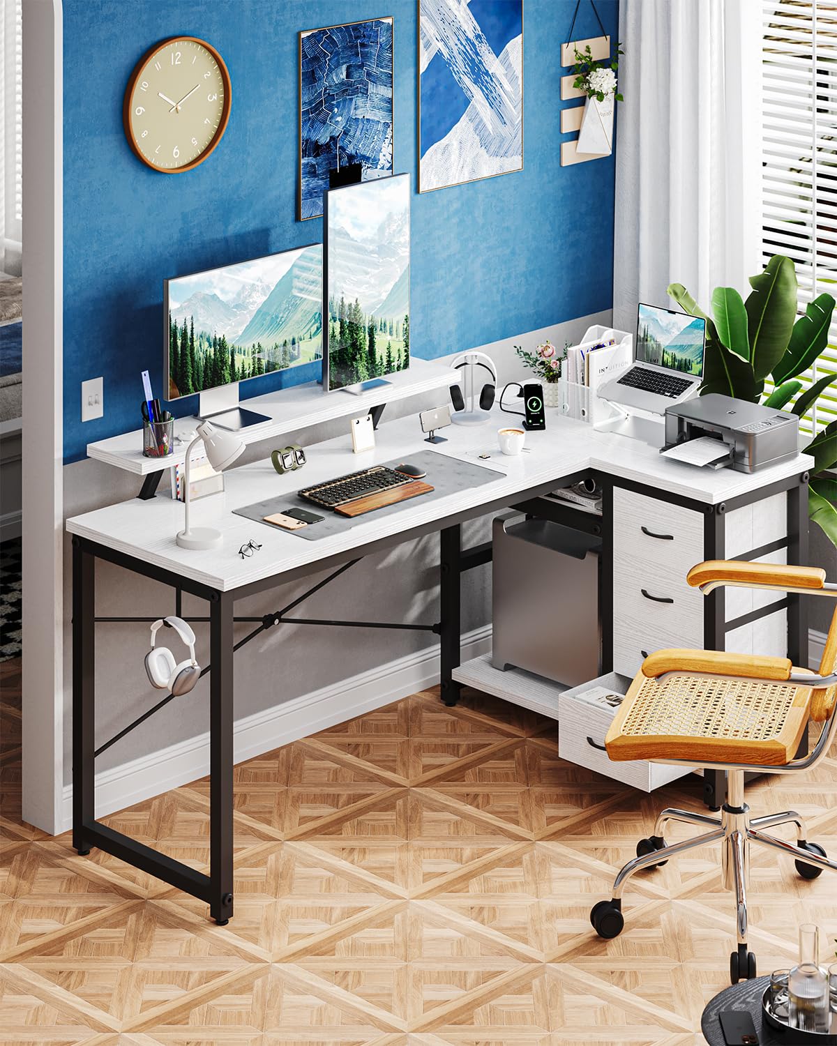 JUMMICO L Shaped Desk with 4 Drawers,140x80cm Computer Corner Desks with Power Outlets & USB Charging Port