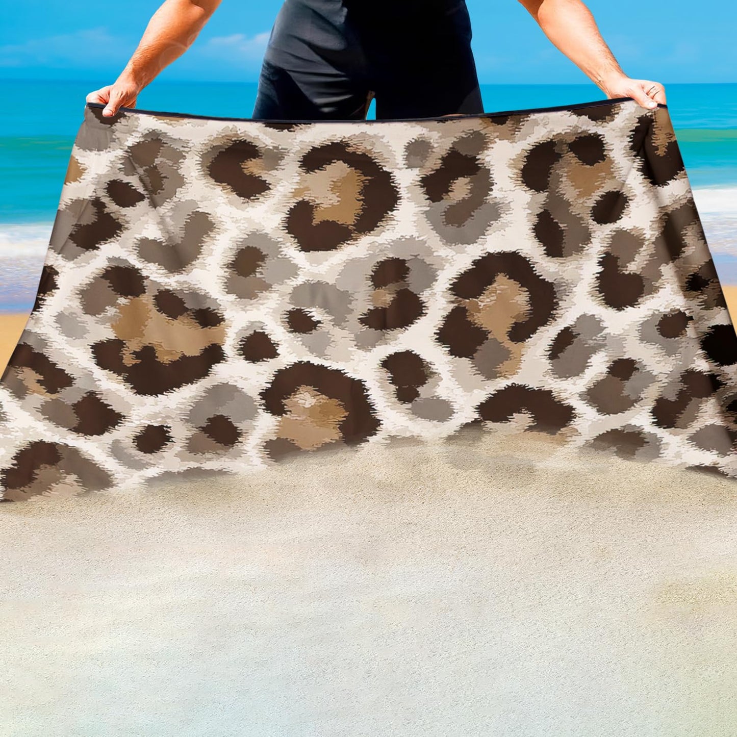 Violetpos Neutral Leopard Print Beach Towel, Extra Large 180x90 cm 250GSM Microfibre, Sand Free Quick Dry