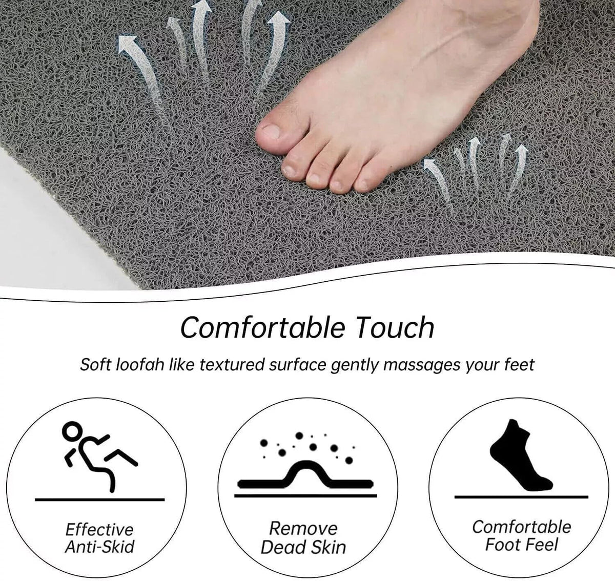 Yunzhou1230 Non Slip Shower & Bath Mat Anti Mould - Bathtub Mat with Drainage, Grey Loofah Style PVC - Washable, Quick-Drying