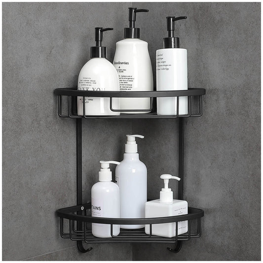 GRICOL Shower Corner Shelf No Drilling Space Aluminum Wall Mounted with Stickers Triangular Adhesive Caddy Basket for Bathroom 2 Level (Black)