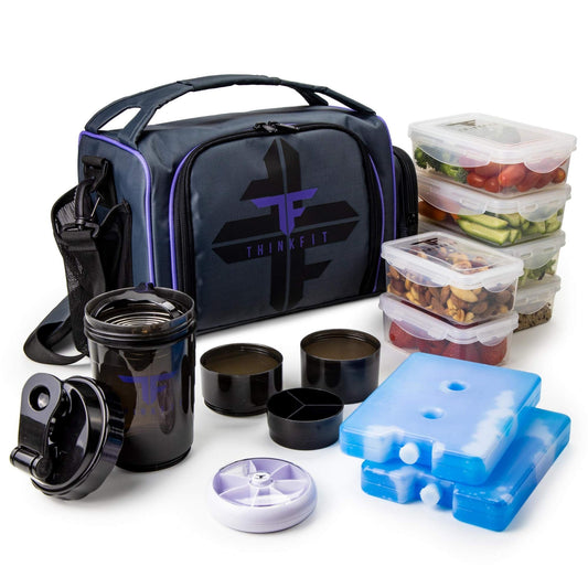 ThinkFit Insulated Meal Prep Lunch Bag | 6 Portion Control Containers | BPA-Free | Reusable | Microwavable | Freezer Safe | Protein Shaker Bottle |