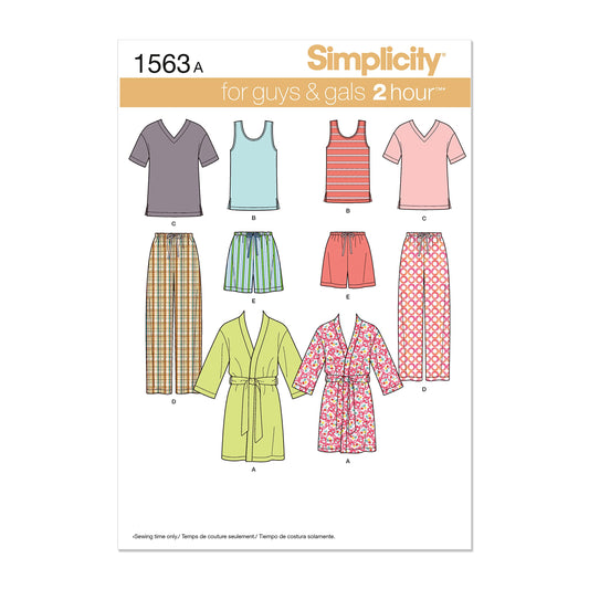 Simplicity Sewing Pattern 1563: Misses' Men's and Teens' Sleepwear, Size A, Paper, White, A (XS-S-M-L-XL)