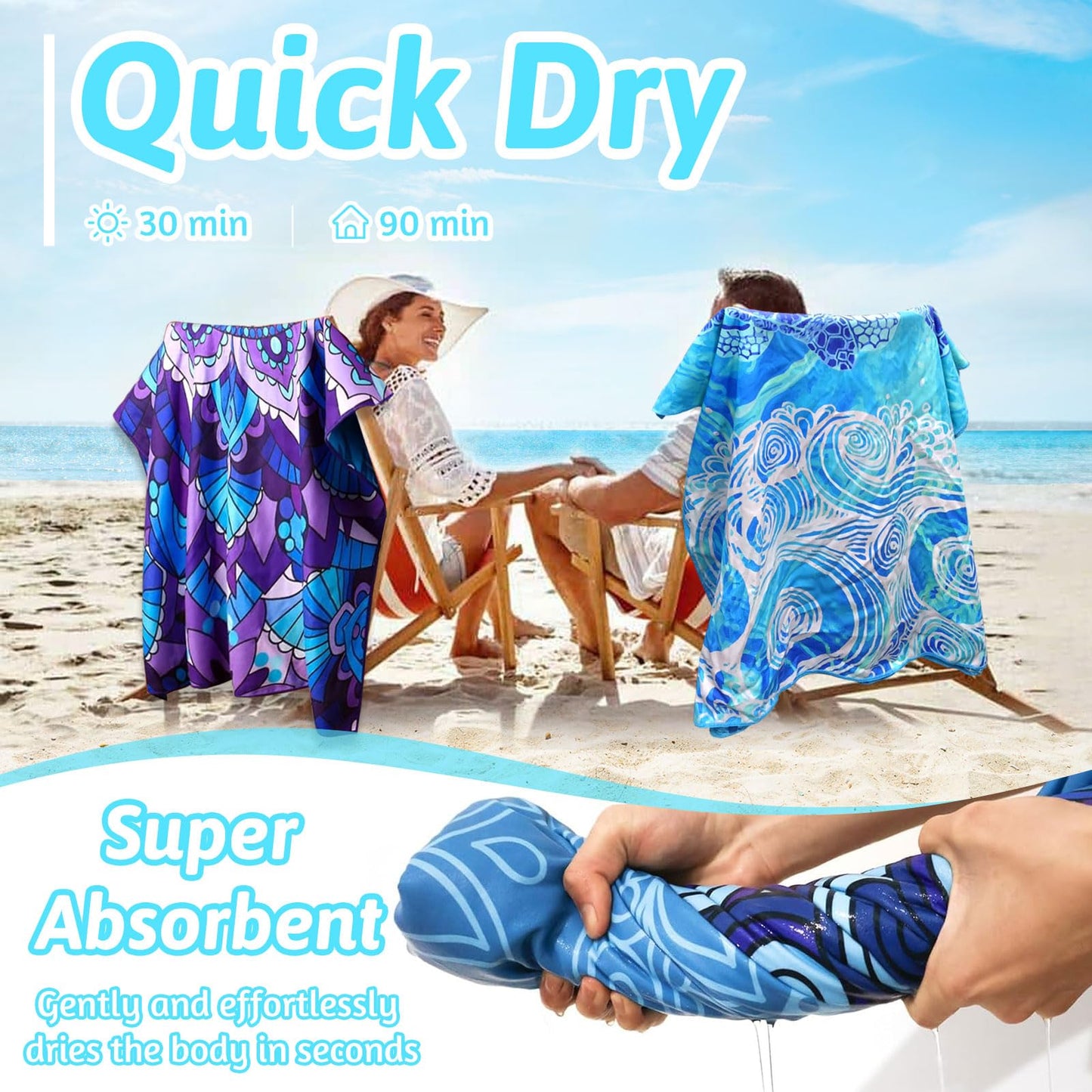 KutaKuta 2 Pack Microfibre Beach Towels, 180x90cm Double Sided Lightweight Beach Towel Beach Towels for Adults