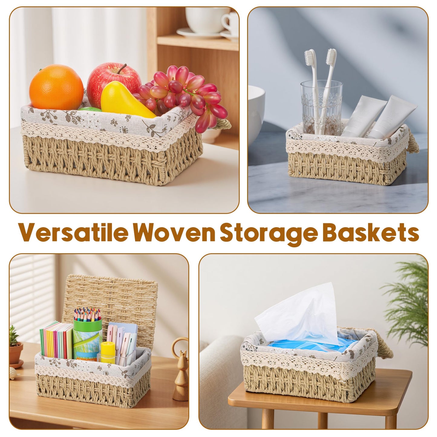 3pcs Woven Storage Baskets with Lids, Decorative Storage Boxes, Space-Saving Wicker Basket for Shelves, Paper Rope Basket Bedroom Storage Solutions