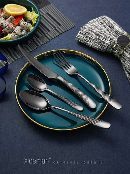 Xideman 24-Piece Modern Black Hammered Cutlery Set with Ultra Sharp 2-in-1 Serrated Knive, 18/10 Stainless Steel Silverware Set, Titanium Plated