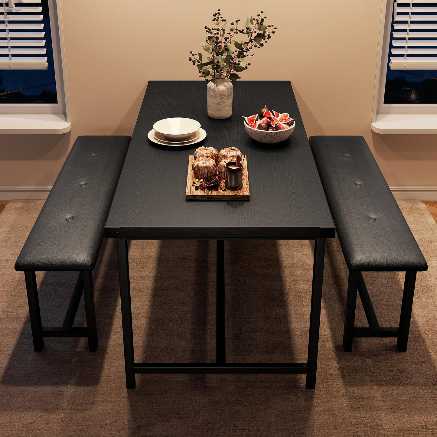 Crevyteg Modern Industrial 3-Piece Dining Table Set for 4 with 2 Upholstered Benches, Space-Saving Kitchen Table Set for Small Spaces