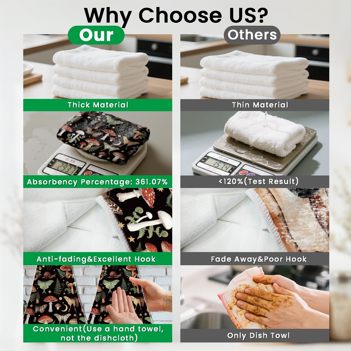 CUTHOLLOW 2 Pcs Mushroom and Moth Hanging Kitchen Towels with Loop