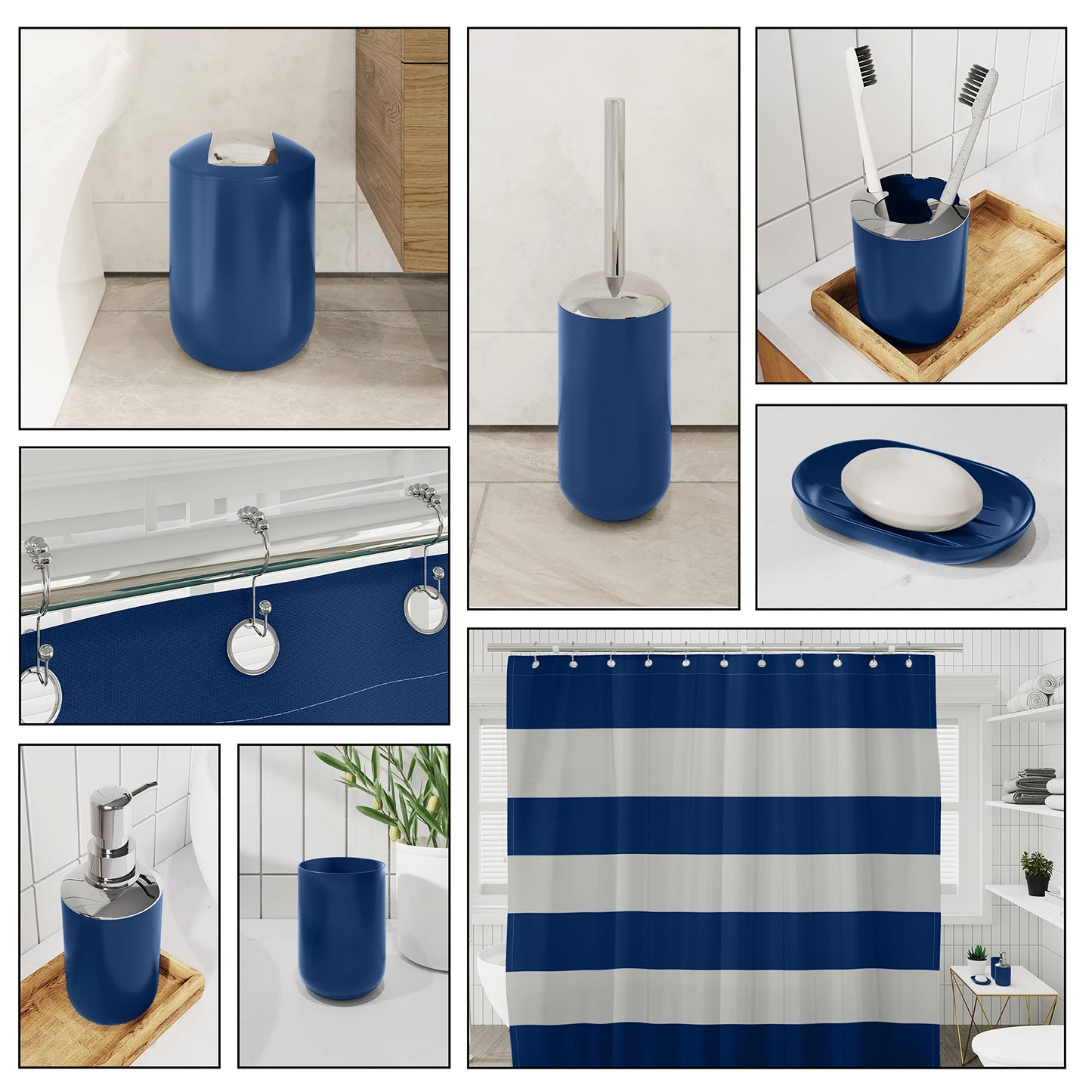 Clara Clark Bathroom Set - Bathroom Set with Adhesive Corner Shower Caddy Hanging, 25PC Bathroom Accessory Set, Navy Shower Curtain Set, Toilet Brush