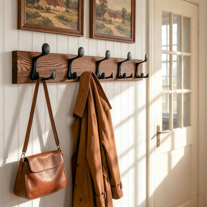 HONSKY Wall Mounted Coat Rack, 76cm Rustic Brown, 5 Black Sturdy Aluminium Alloy Triple Hooks15 Hanging Points, Wall Coat Hanger for Entrance Hall