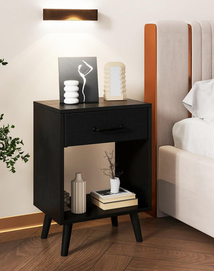 YMYNY Nightstand Set of 2, Bedside Table, Side Table with Fabric Drawer, Handle and Open Compartment, Solid Wood Legs