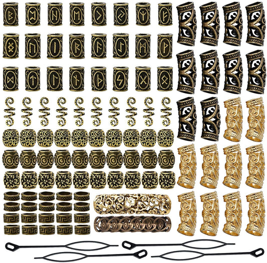 Queta Nordic Viking Rune Beads, Beard/Hair Braiding/Decorative Beads, Hair Headpiece Accessories, Woven Accessories (Gold)