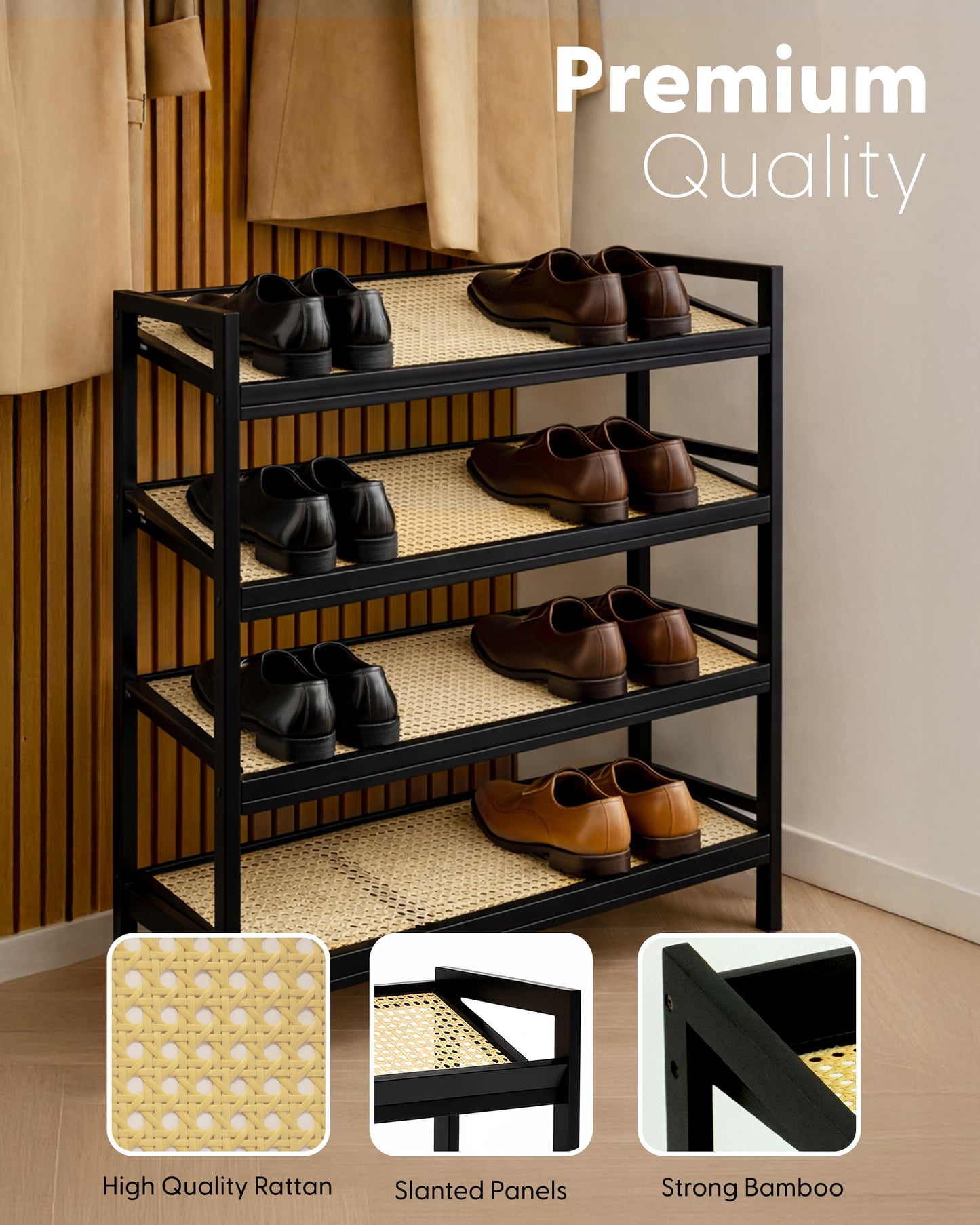 KEPLIN 4 Tier Bamboo and Rattan Shoe Organiser Rack – Eco-Friendly, Durable, Easy Assembly – Compact Design for Entryway, Closet, or Hallway