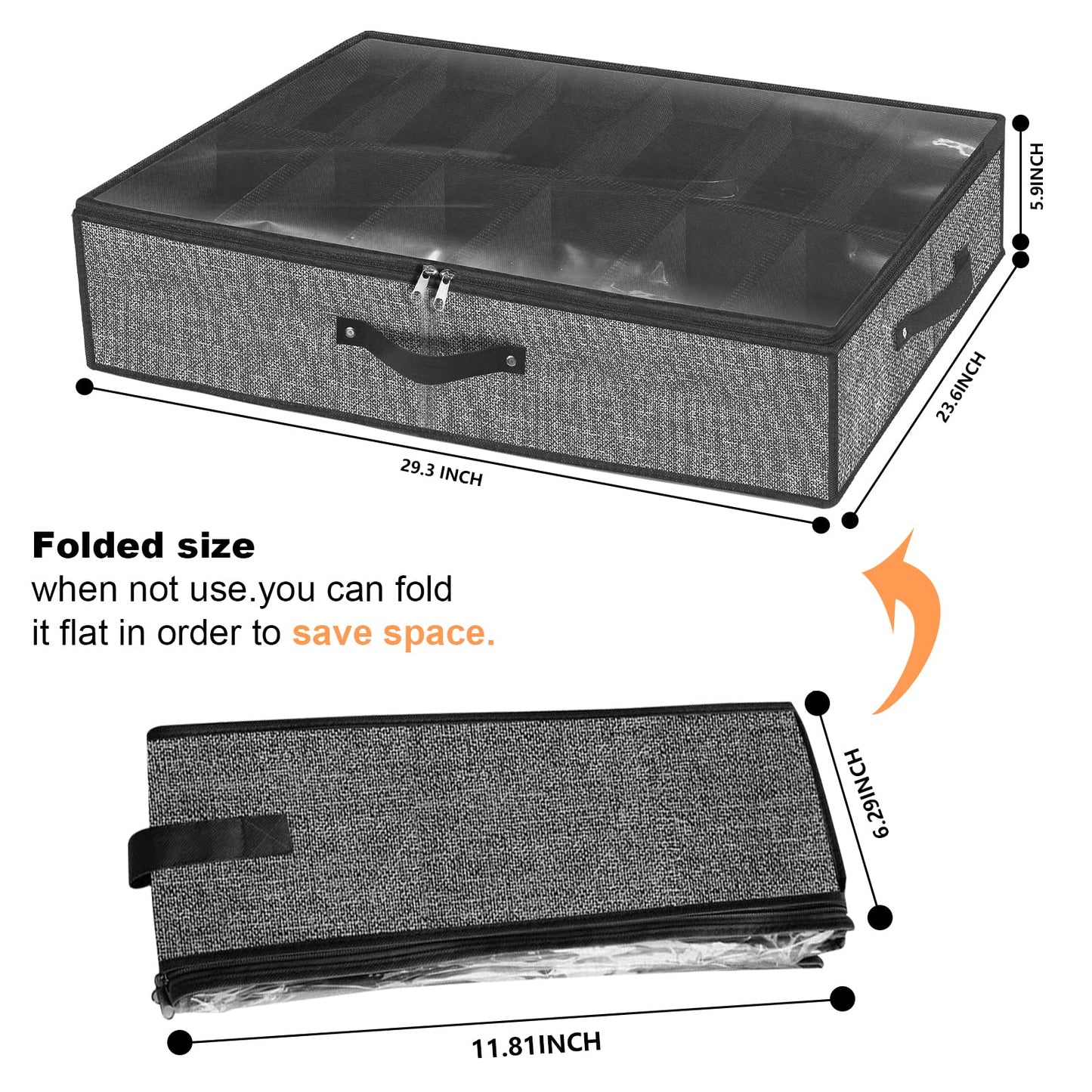 homyfort Under Bed Shoe Storage Organizer For Closet, Shoe Container Box Bedding Storage With Clear Cover Black Underbed Shoe Storage Set of 2