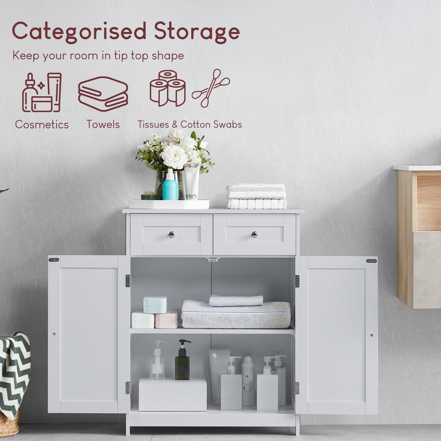 Bath Vida Priano Freestanding 2 Drawer 2 Door Bathroom Floor Cabinet, White