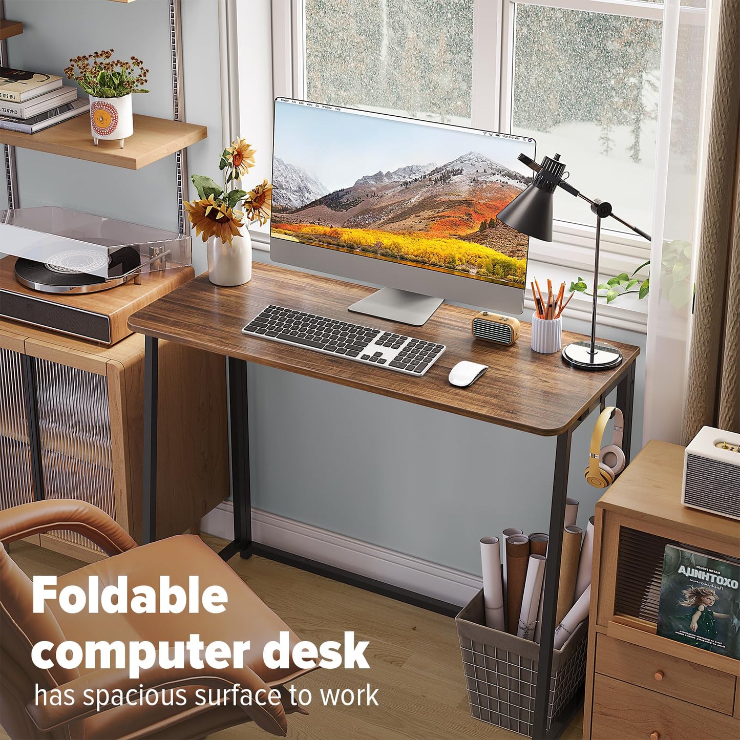 WOHOMO Folding Desk, 100cm Computer Table for Home Office, Rustic Walnut